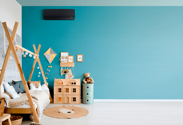 Stylish baby room with toys, wooden bed and mock up poster frame. Cute home decor. Scandinavian interior of a children's room.